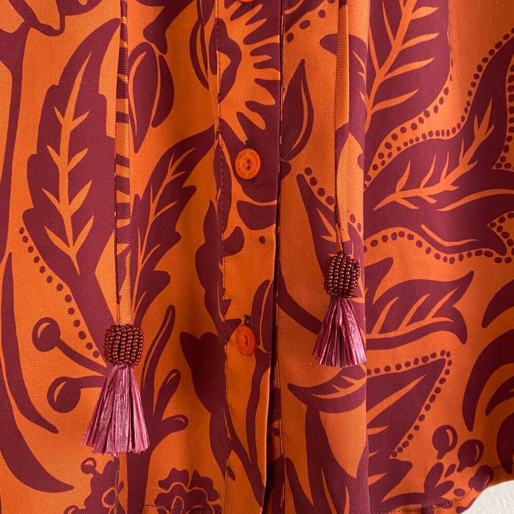 Johanna Ortiz Dreams Of Orient Ruffle Bib Blouse Red Orange Size 4 - Picture 12 of 16